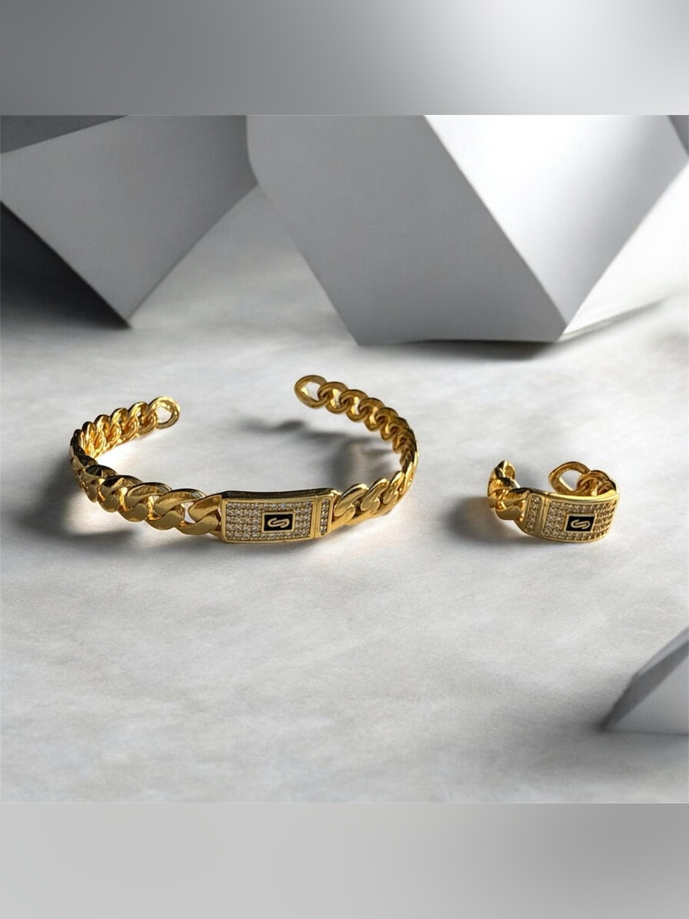 Monaco Chain Classic Pavé Gold Bracelet & Ring Set (adjustable)